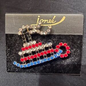 Vintage Red Black and Clear Rhinestone Riverboat Cruise Brooch